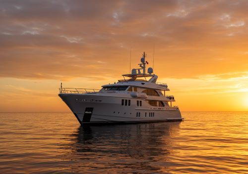 Different types of boats including yachts, sailboats, and outboard boats in marina